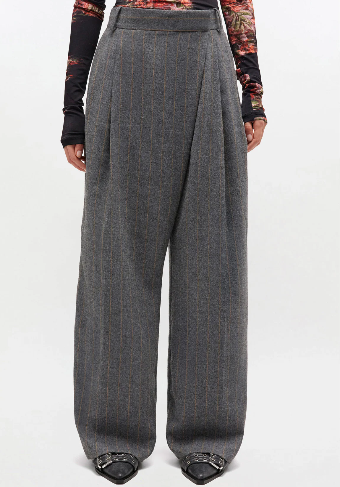 Brushed Wool Stripe Mid Waist Pants - Image 2